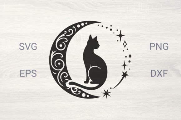 Cat with Decorative Moon and Sparkles: Graphics & Illustrations for Whimsical Design