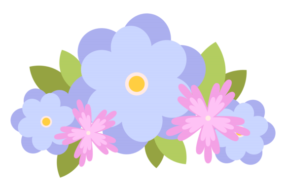 Decorative Blue Flowers with Leaves. Graphics & Illustrations
