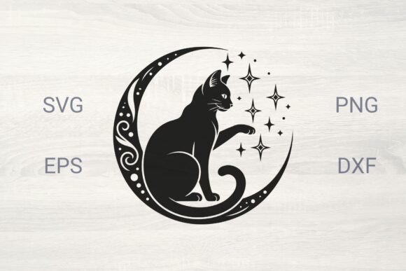 Decorative Moon with Black Cat and Stars Graphics