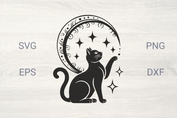 Decorative Moon with Black Cat SVG: Graphics & Illustrations